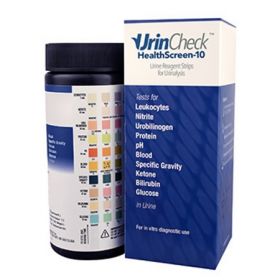 Rapid Test Kit UrinCheck HealthScreen-10 Urinalysis Bilirubin, Blood, Glucose, Ketone, Leukocytes, Nitrite, pH, Protein, Specific Gravity, Urobilinogen Urine Sample 100 Tests