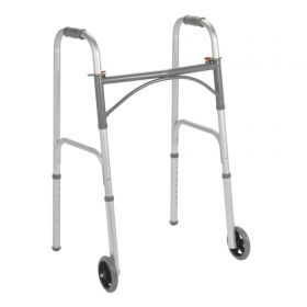 Dual Release Folding Walker with Wheels Adjustable Height McKesson Steel Frame 350 lbs. Weight Capacity 32 to 39 Inch Height