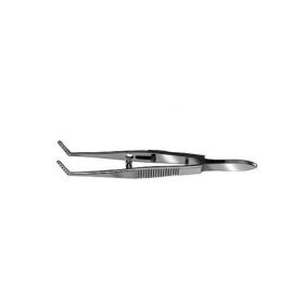 Muscle Forceps Storz Jameson 3-7/8 Inch Length Surgical Grade Stainless Steel NonSterile Slide Lock Thumb Handle Angled Left Serrated Tips with 1 mm Teeth one Side for 1 mm Holes Opposite Jaw