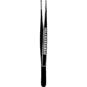 Laser Surgery Tissue Forceps Sklar Black DeBakey 9-1/2 Inch Length OR Grade Coated Stainless Steel NonSterile NonLocking Thumb Handle Straight Blunt 2 mm Jaws with 1 X 2 Rows of Fine Atraumatic Teeth
