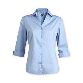 Women's Tailored V-Neck Stretch Blouse with 3/4 Sleeves, Blue, Size 3XL