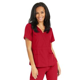 Park AVE Women's Stretch Mock-Wrap Scrub Top with 2 Pockets and Back Belt, Red, Size XL