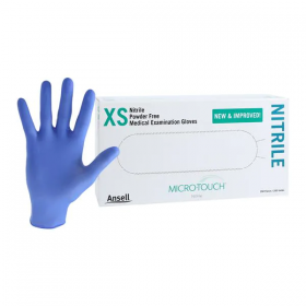 Gloves exam micro-touch nitrile powder-free nitrile 9.5 in x-small blue 200/bx, 10 bx/ca, 6034300bx