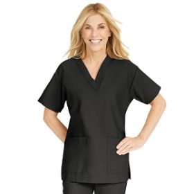 ComfortEase Women's V-Neck Tunic Scrub Top with 2 Pockets, Black, Size 5XL, Angelica Color Code