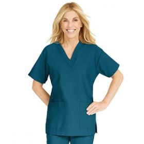 ComfortEase Women's V-Neck Tunic Scrub Top with 2 Pockets, Caribbean Blue, Size M