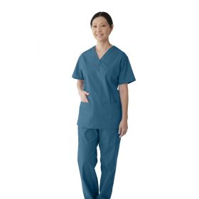 ComfortEase Women's V-Neck Tunic Scrub Top with 2 Pockets, Caribbean Blue, Size 2XS