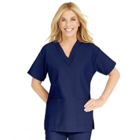 ComfortEase Women's V-Neck Tunic Scrub Top with 2 Pockets, Midnight Blue, Size 2XS