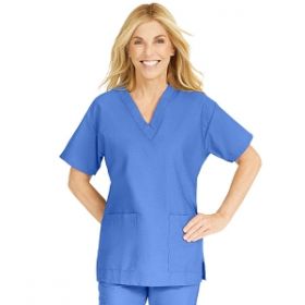 ComfortEase Women's V-Neck Tunic Scrub Top with 2 Pockets, Ceil Blue, Size S