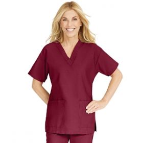 ComfortEase Women's V-Neck Tunic Scrub Top with 2 Pockets, Wine, Size 6XL