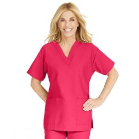 ComfortEase Women's V-Neck Tunic Scrub Top with 2 Pockets, Red, Size L