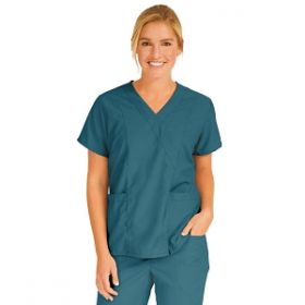 PerforMAX Women's Mock-Wrap Tunic Scrub Top with 2 Pockets, Caribbean Blue, Size M
