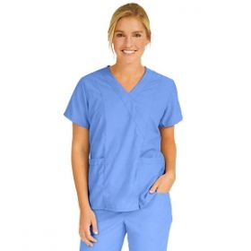 PerforMAX Women's Mock-Wrap Tunic Scrub Top with 2 Pockets, Ceil Blue, Size M