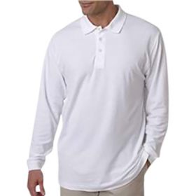 Men's Long-Sleeve Whisper Pique Polo Shirt, 60% Cotton/40% Polyester, White, Size M