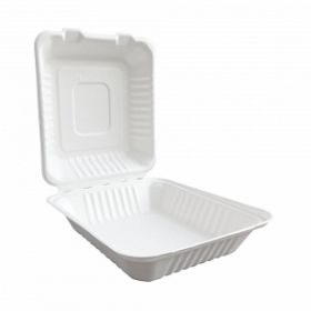 Bagasse Compostable, Hinged Clamshell Containers, 8" x 8" x 3", 1 Compartment