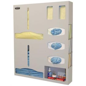 PPE Dispenser, 2 Bins for Gowns, Aprons, and Coveralls / Jumpers, 3 Holders for Glove Boxes, 2 Holders for Earloop Mask Boxes, and Miscellaneous Items, Wall Mount, Quartz Beige Powder-Coated Aluminum