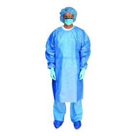 Poly-Coated Chemotherapy Gown with Neck and Waist Ties, Knit Cuffs, Flat Back, Blue, Size XL
