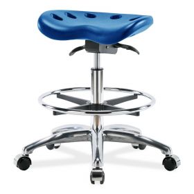 Polyurethane Tractor Stool, Medium Bench Height, Chrome Base, Chrome Foot Ring, Casters, Blue