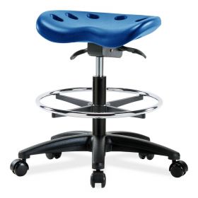 Polyurethane Tractor Stool, Medium Bench Height, Black Base, Chrome Foot Ring, Casters, Blue