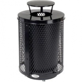 Outdoor diamond steel trash can w/rain bonnet lid base, 36 gallon, black