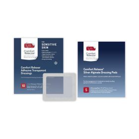 Comfort Release Adhesive Transparent Wound Dressing, 4" x 4.75", 10/bx, Silver Alginate Wound Dressing, 2" x 2", 5/bx, and Large Alcohol Prep Pad, 20/bx