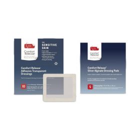 Comfort Release Adhesive Transparent Wound Dressing, 4" x 4.75", 10/bx, Silver Alginate Wound Dressing, 4" x 4", 5/bx, and Large Alcohol Prep Pad, 20/bx