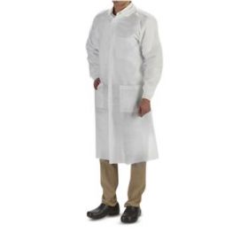 LabMates Nonwoven Lab  Coat with Knit Collar and Cuffs, 3-Pockets, White with White Trim, Size M, 10/Bag, 5 Bag / Case