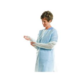 Disposable Protective Gown, Polyester, Thumb Loop, Tear-Away Neck, Waist Tie, Open Back, Blue, One Size Fits Most, 42" x 46"