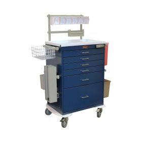 6-Drawer Steel Anesthesia Cart with 4-3", 1-6", and 1-12" Drawers, Back Rails, Tilt Bin Organizer, Waste / Sharps Containers, Tape / Label Dispenser, Catheter Box Holder, Utility Box and Basket, Tray / Divider System, and Electronic Pushbutton Lock