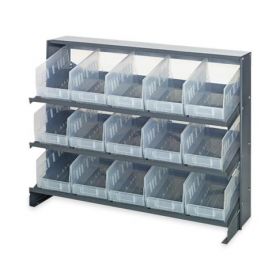 Clear-View STORE-MORE 6" Shelf Bin Sloped Steel Shelving System, 12"L x 36"W x 26-1/2"H, 3 Shelves Bench Rack, 15 QSB202CL (11-5/8"L x 6-5/8"W x 6"H) Clear Bins