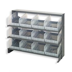 Clear-View STORE-MORE 6" Shelf Bin Sloped Steel Shelving System, 12"L x 36"W x 26-1/2"H, 3 Shelves Bench Rack, 12 QSB207CL (11-5/8"L x 8-3/8"W x 6"H) Clear Bins