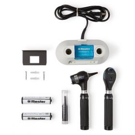 Diagnostic Desk Set with Charging Base, 2 C Size Handles, 2 Rechargeable Lithium-Ion Batteries, EliteVue LED Otoscope Head, and L2 LED Standard Coaxial Ophthalmoscope Head