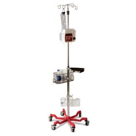 Stainless Steel 6-Leg Heavy-Duty IV Pole with Quick Release Casters, 4 Hook, 73" to 99-1/5" H, Red Base