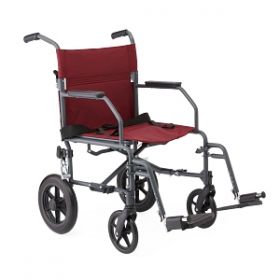 Basic Steel Transport Chair with Permanent Full-Length Arms, Swing-Away Footrests and 12" Wheels, Gray and Burgundy
