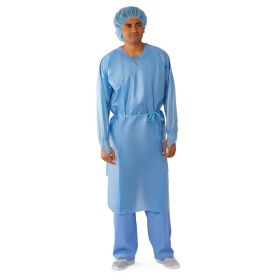 AAMI Level 2 Poly-Coated Overhead Isolation Gown with Full Back and Thumb Loop Wrists, Blue, Size Regular