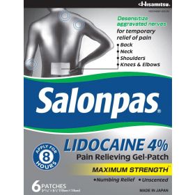 Salonpas Pain Relieving Gel Patch, Lidocaine 4%, 6/Box