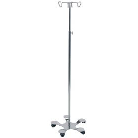 Stainless Steel IV Pole with 5-Leg Base and 4-Hook Top, Hand Height Adjustable