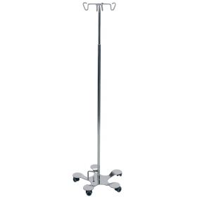 Stainless Steel IV Pole with 5-Leg Base and 4-Hook Top, Foot Pedal Height Adjustable