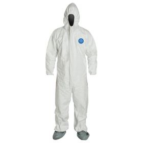 Tyvek 400 Zip Front Coverall with Respirator Fit Hood and Attached Skid-Resistant Boots, Style TY122S, White, Size 4XL, Vend Packed
