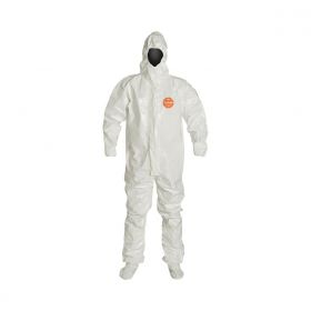 Tychem 4000 Taped Seam Coverall with Respirator Fit Hood, Elastic Wrists, and Attached Socks with Boot Flaps, Style SL128T, White, Size 5XL