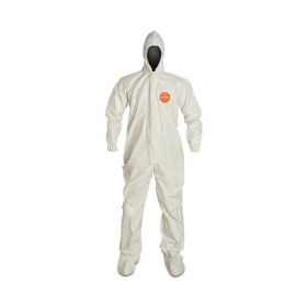 Tychem 4000 Taped Seam Coverall with Hood, Elastic Wrists, and Attached Socks, Style SL122T, White, Size L