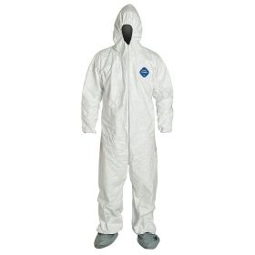 Tyvek 400 Zip Front Coverall with Respirator Fit Hood and Attached Skid-Resistant Boots, Style TY122S, White, Size L, Vend Packed