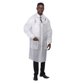 PremierPro Disposable SMS Lab Coat with Traditional Collar and Knit Cuffs, White, Size 2XL