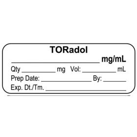 Anesthesia Label, TORadol mg/mL, 2" x 3/4"