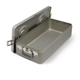Steriset Full Size Sterilization Container with Flat Bottom and Aluminum Lid, Gray Handle, 23" x 10.5" x 5.25"