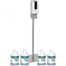 Global Industrial Automatic Hand Sanitizer Dispenser Starter Kit w/ Stand, 4 Gal. Sanitizer