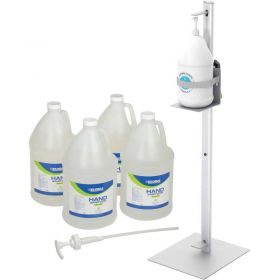 Global industrial foot operated hand sanitizer dispenser starter kit w/ 4 x gal. gel sanitizer