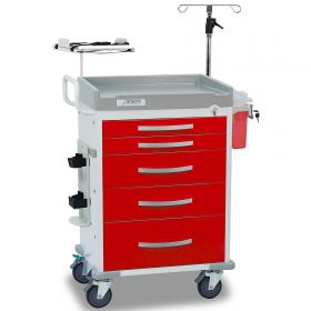 Detecto Rescue Series Emergency Room Medical Cart, White Frame with 5 Red Drawers