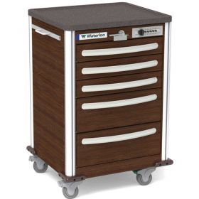 Waterloo Healthcare 5-Drawer Aluminum Junior Short Medical Bedside Cart, Push Button Lock, Walnut