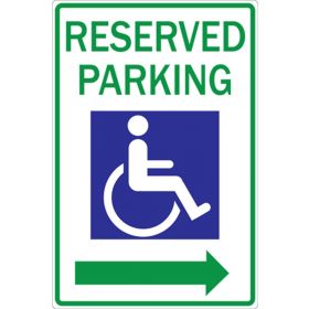 Eco Parking Sign, Reserved Parking with Handicapped Icon and Right Arrow, Aluminum, 12" W x 18" H